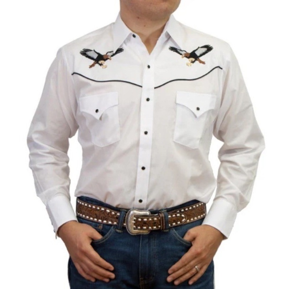 Ely Cattleman White Cowboy Pearl Snap Shirt Rodeo Embroidered Bald Eagles L Long